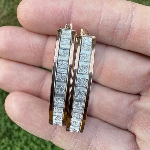 Vtg MILOR 925 Sterling Silver Gold Tone Hoop Earrings 1.5” Italy Sparkly Oval - Picture 3 of 10